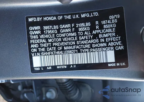 2020 Honda Civic Ex from USA, damaged, VIN SHHFK7H64LU206271